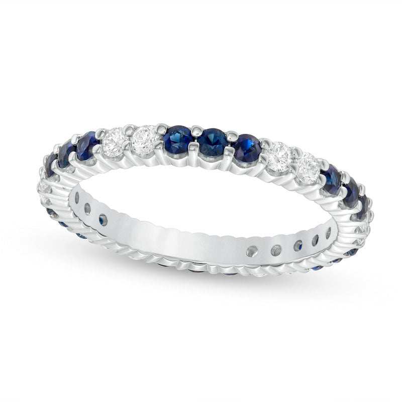 Image of ID 1 Blue Sapphire and 033 CT TW Natural Diamond Trios Eternity Band in Solid 14K White Gold