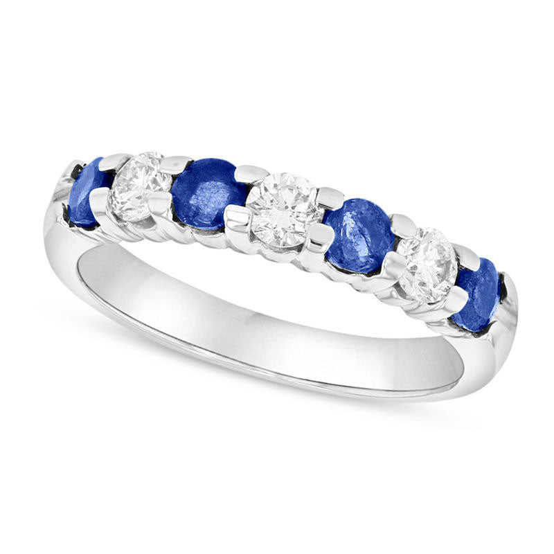 Image of ID 1 Blue Sapphire and 038 CT TW Natural Diamond Seven Stone Band in Solid 14K White Gold