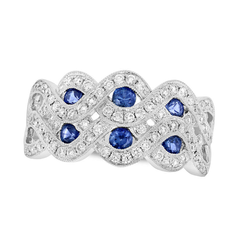 Image of ID 1 Blue Sapphire and 050 CT TW Natural Diamond Double Row Twist Ring in Solid 14K White Gold