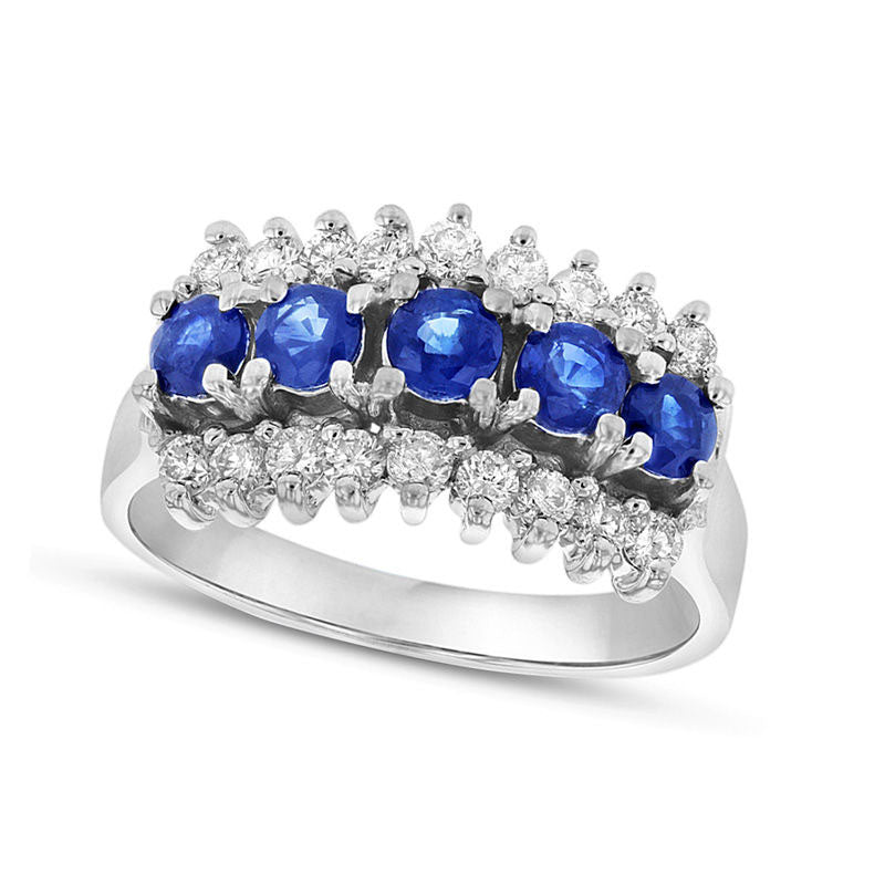 Image of ID 1 Blue Sapphire and 050 CT TW Natural Diamond Edge Five Stone Band in Solid 14K White Gold