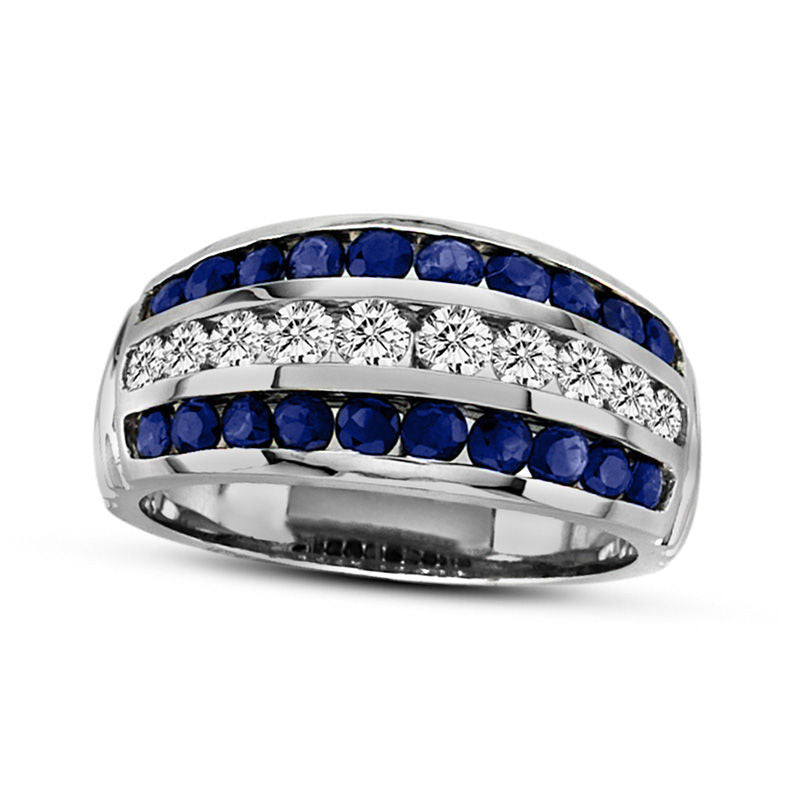 Image of ID 1 Blue Sapphire and 050 CT TW Natural Diamond Three Row Band in Solid 14K White Gold