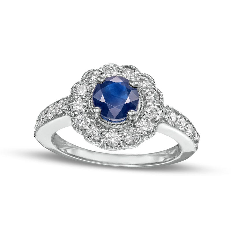 Image of ID 1 Blue Sapphire and 088 CT TW Natural Diamond Flower Frame Antique Vintage-Style Ring in Solid 14K White Gold