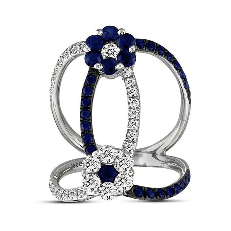 Image of ID 1 Blue Sapphire and 088 CT TW Natural Diamond Flower Orbit Ring in Solid 14K White Gold