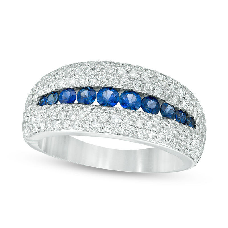Image of ID 1 Blue Sapphire and 10 CT TW Natural Diamond center Channel Multi-Row Dome Ring in Solid 14K White Gold