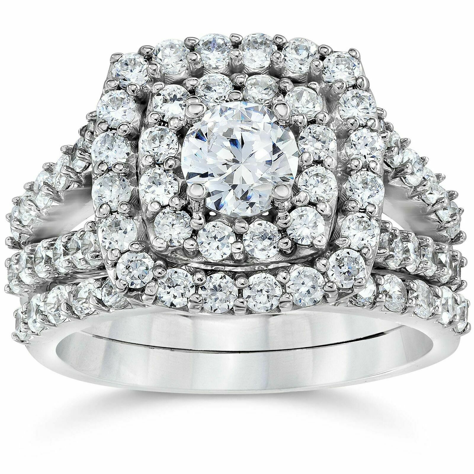 Image of ID 1 CERTIFIED 2 Carat Diamond Cushion Halo Engagement Wedding Ring Set White Gold