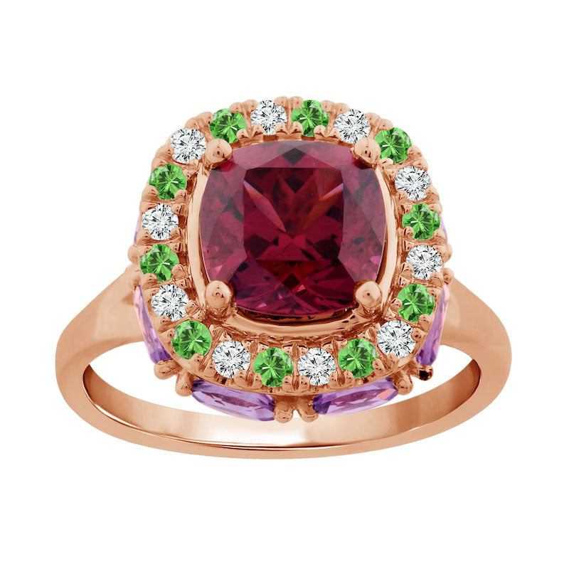 Image of ID 1 Captivating Color Cushion-Cut Rhodolite Amethyst Tsavorite and 020 CT TW Natural Diamond Frame Ring in Solid 14K Rose Gold