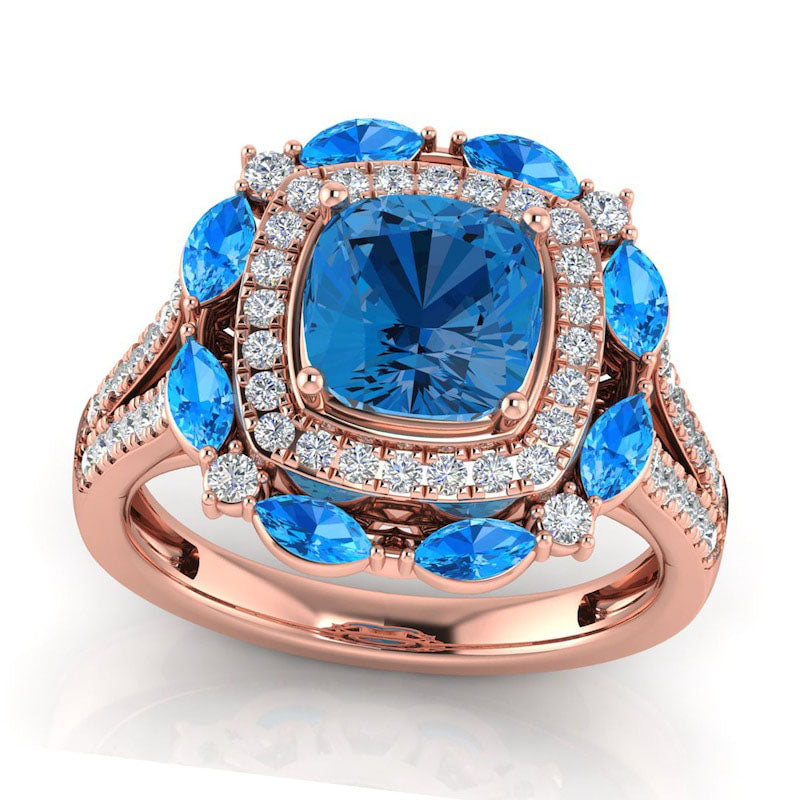 Image of ID 1 Captivating Color London and Swiss Blue Topaz with 050 CT TW Natural Diamond Ornate Frame Split Shank Ring in Solid 14K Rose Gold