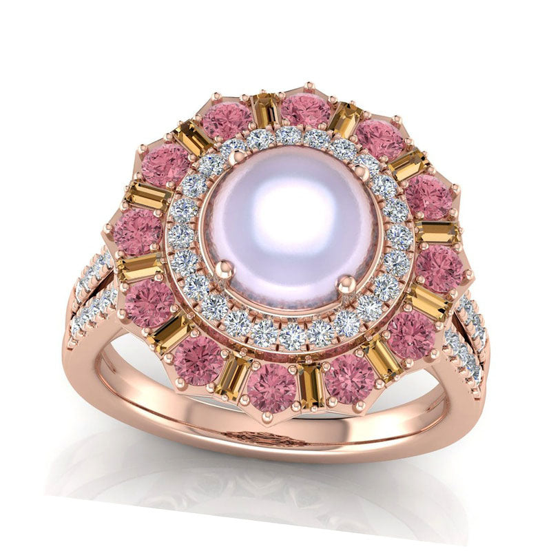 Image of ID 1 Captivating Color Opal Rhodolite Garnet and 038 CT TW Natural Diamond Double Frame Mandala Ring in Solid 14K Rose Gold
