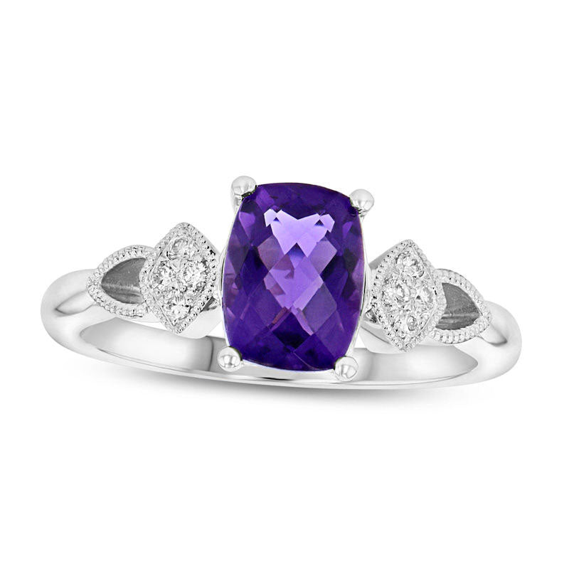 Image of ID 1 Cushion-Cut Amethyst and 007 CT TW Natural Diamond Antique Vintage-Style Art Deco Ring in Solid 14K White Gold