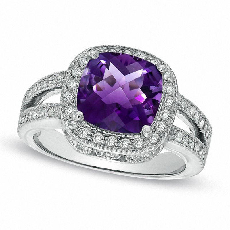 Image of ID 1 Cushion-Cut Amethyst and 050 CT TW Natural Diamond Frame Ring in Solid 14K White Gold