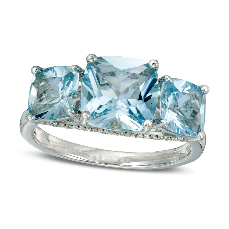 Image of ID 1 Cushion-Cut Aquamarine and 013 CT TW Natural Diamond Three Stone Ring in Solid 14K White Gold - Size 7