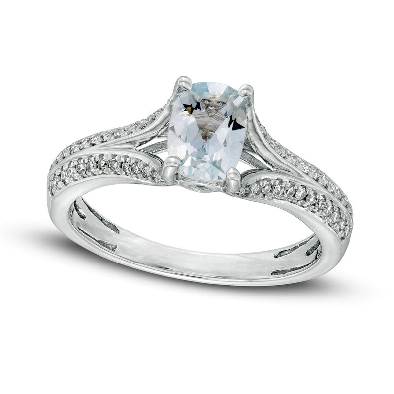 Image of ID 1 Cushion-Cut Aquamarine and 017 CT TW Natural Diamond Double Row Split Shank Ring in Solid 10K White Gold