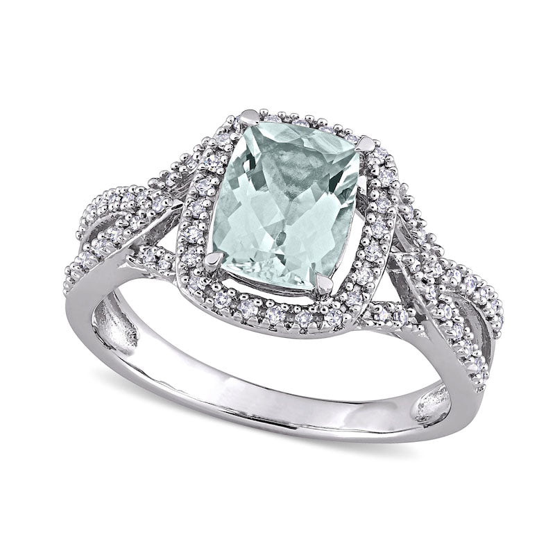 Image of ID 1 Cushion-Cut Aquamarine and 017 CT TW Natural Diamond Frame Tapered Split Shank Ring in Solid 10K White Gold