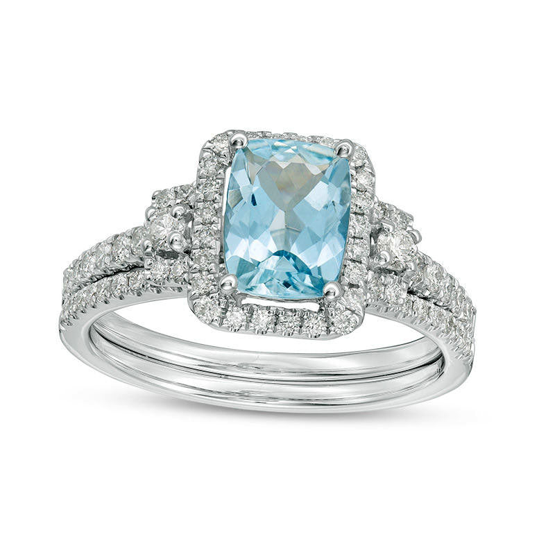 Image of ID 1 Cushion-Cut Aquamarine and 050 CT TW Natural Diamond Frame Bridal Engagement Ring Set in Solid 14K White Gold