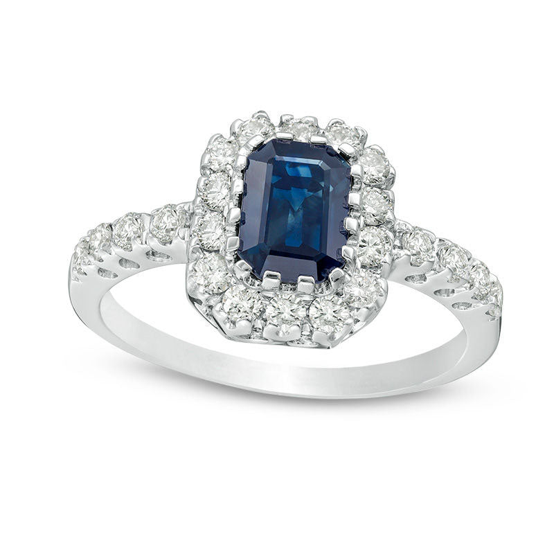 Image of ID 1 Cushion-Cut Blue Sapphire and 050 CT TW Natural Diamond Frame Engagement Ring in Solid 14K White Gold
