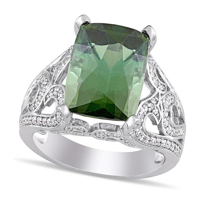 Image of ID 1 Cushion-Cut Green Tourmaline and 063 CT TW Natural Diamond Beaded Filigree Ring in Solid 14K White Gold