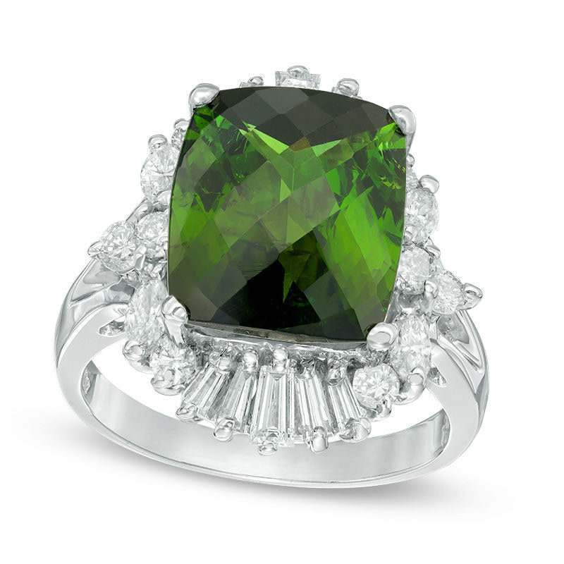 Image of ID 1 Cushion-Cut Green Tourmaline and 120 CT TW Natural Diamond Cluster Frame Ring in Solid 14K White Gold