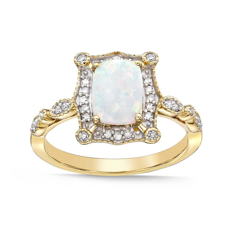 Image of ID 1 Cushion-Cut Lab-Created Opal and 013 CT TW Diamond Ornate Frame Antique Vintage-Style Ring in Solid 10K Yellow Gold
