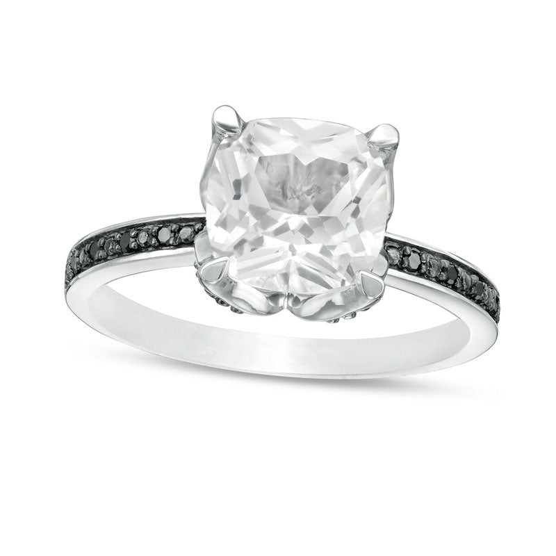 Image of ID 1 Cushion-Cut Lab-Created White Sapphire and 005 CT TW Enhanced Black Diamond Flower Engagement Ring in Solid 10K White Gold