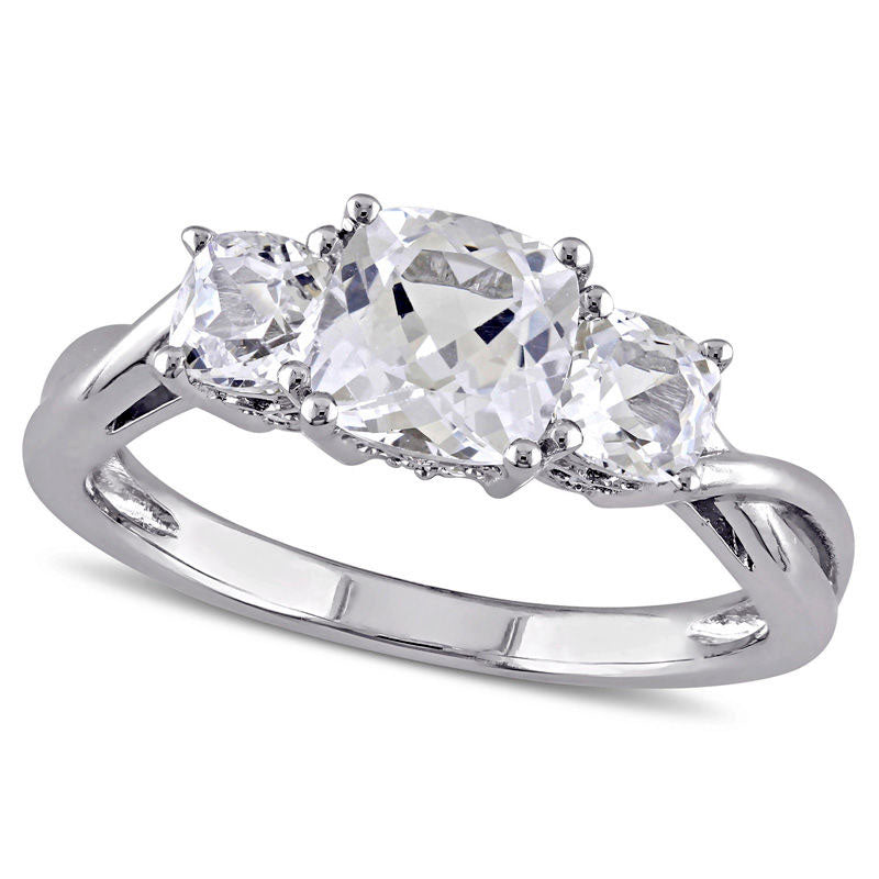 Image of ID 1 Cushion-Cut Lab-Created White Sapphire and Diamond Accent Three Stone Split Shank Ring in Solid 10K White Gold