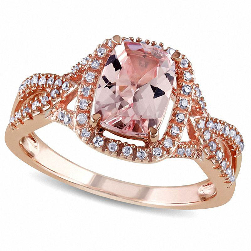 Image of ID 1 Cushion-Cut Morganite and 017 CT TW Natural Diamond Ring in Solid 10K Rose Gold
