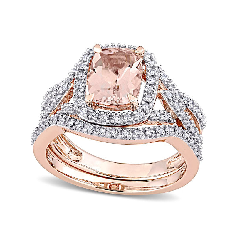 Image of ID 1 Cushion-Cut Morganite and 025 CT TW Natural Diamond Frame Bridal Engagement Ring Set in Solid 10K Rose Gold