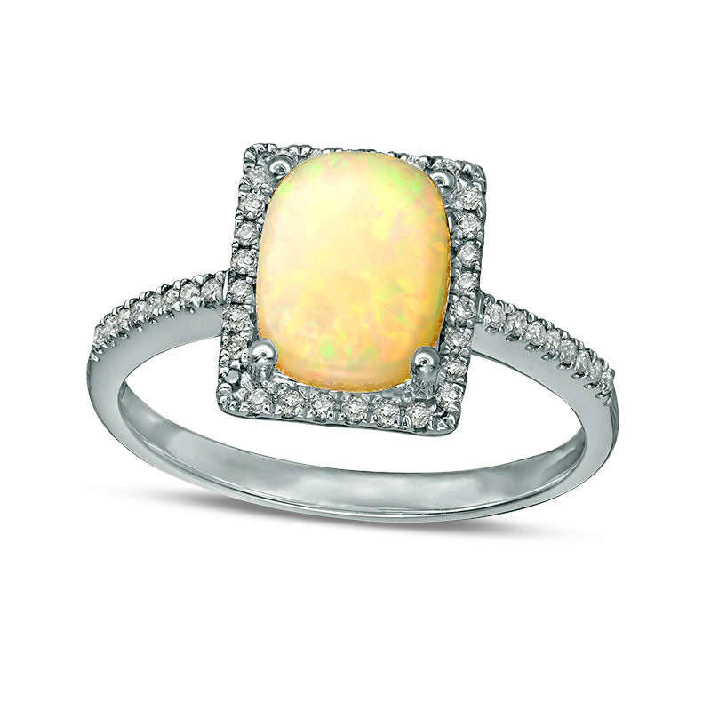Image of ID 1 Cushion-Cut Opal and 013 CT TW Natural Diamond Rectangle Frame Ring in Solid 10K White Gold