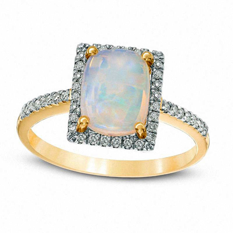 Image of ID 1 Cushion-Cut Opal and 013 CT TW Natural Diamond Square Frame Ring in Solid 10K Yellow Gold