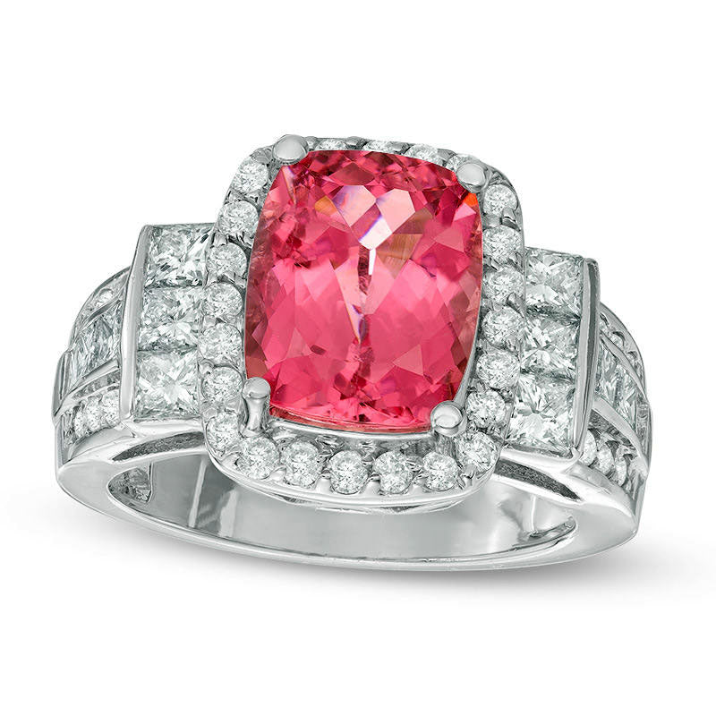 Image of ID 1 Cushion-Cut Pink Tourmaline and 125 CT TW Natural Diamond Frame Collar Ring in Solid 14K White Gold