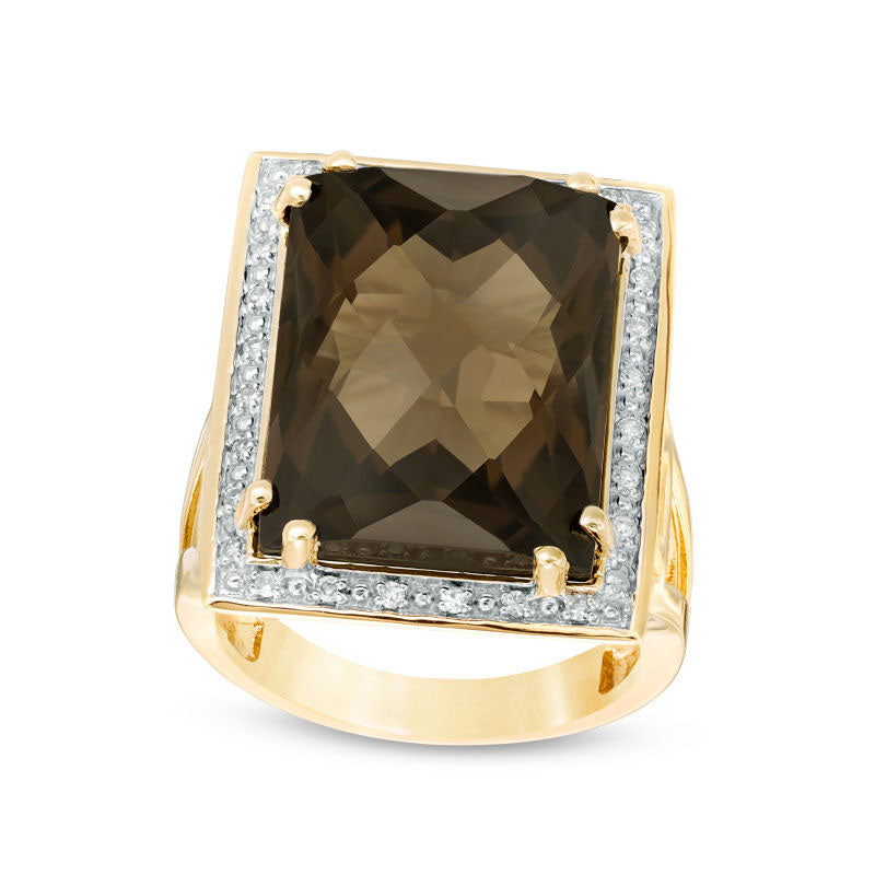 Image of ID 1 Cushion-Cut Smoky Quartz and 013 CT TW Natural Diamond Rectangle Frame Geometric Shank Ring in Solid 10K Yellow Gold