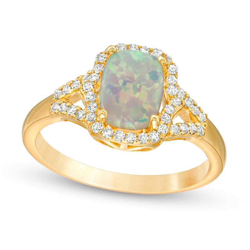 Image of ID 1 Elongated Cushion-Cut Lab-Created Opal and 020 CT TW Diamond Frame Split Shank Ring in Solid 10K Yellow Gold