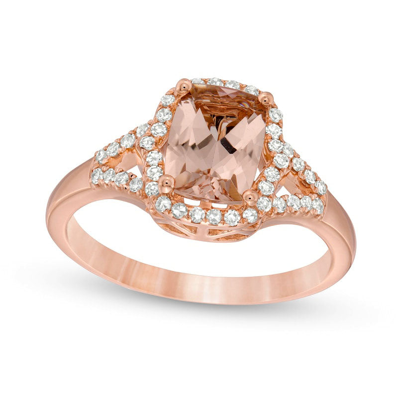 Image of ID 1 Elongated Cushion-Cut Morganite and 020 CT TW Natural Diamond Frame Split Shank Ring in Solid 10K Rose Gold