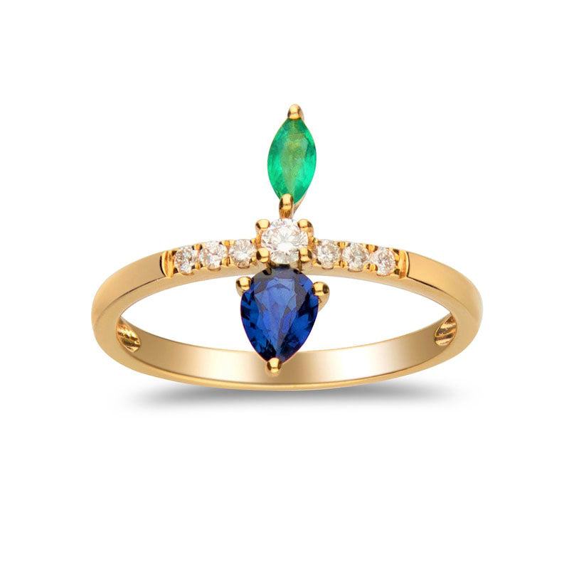 Image of ID 1 Emerald Blue Sapphire and 010 CT TW Natural Diamond North/South Ring in Solid 14K Gold