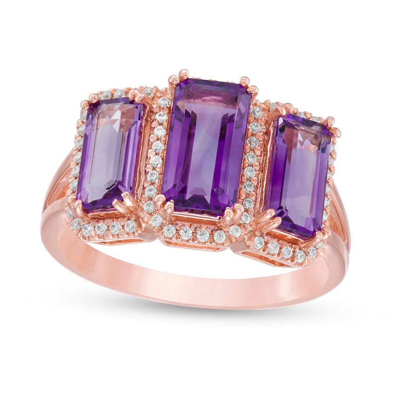 Image of ID 1 Emerald-Cut Amethyst and 020 CT TW Natural Diamond Frame Three Stone Split Shank Ring in Solid 10K Rose Gold