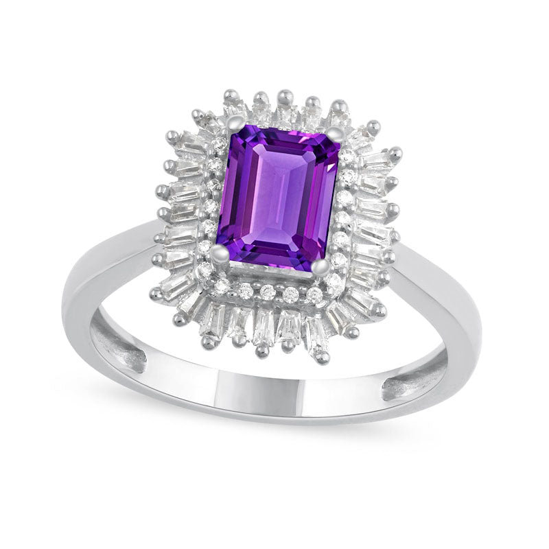 Image of ID 1 Emerald-Cut Amethyst and 025 CT TW Baguette and Round Natural Diamond Double Frame Ring in Solid 10K White Gold