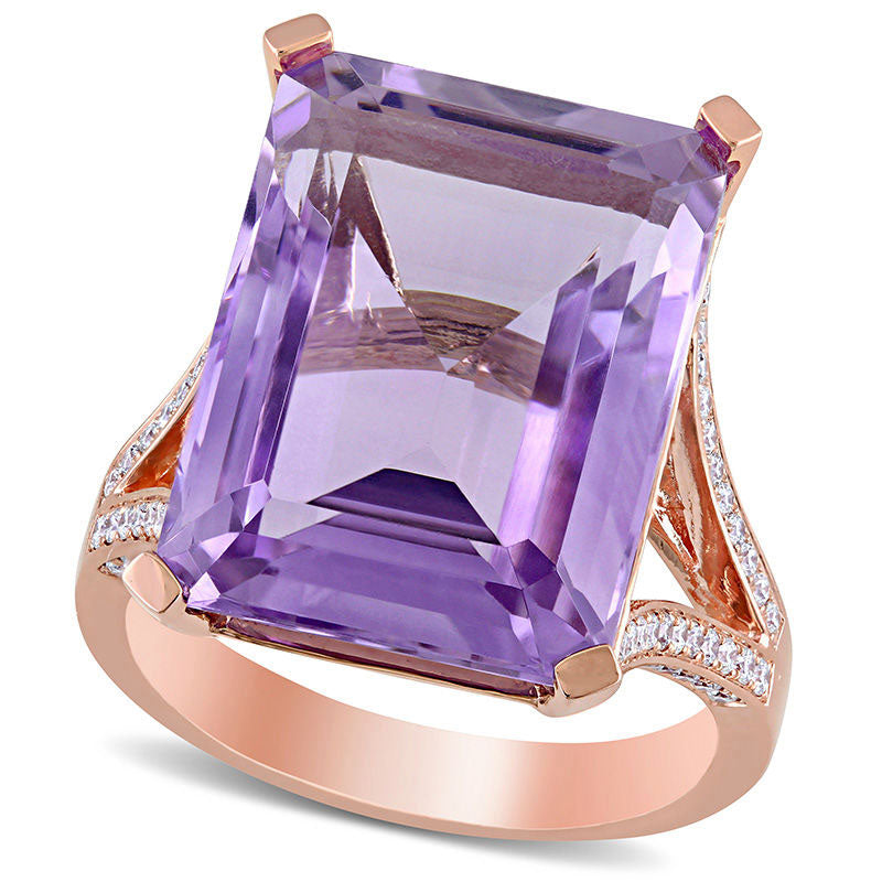 Image of ID 1 Emerald-Cut Amethyst and 038 CT TW Natural Diamond Split Shank Ring in Solid 14K Rose Gold