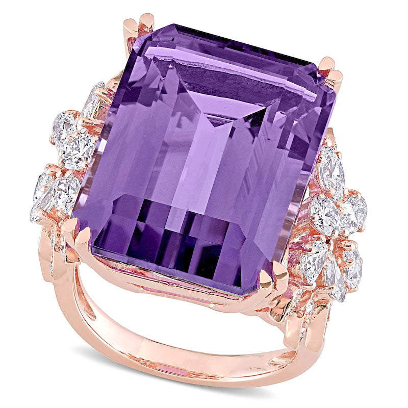 Image of ID 1 Emerald-Cut Amethyst and 175 CT TW Multi-Shape Natural Diamond Floral Side Accent Cocktail Ring in Solid 14K Rose Gold