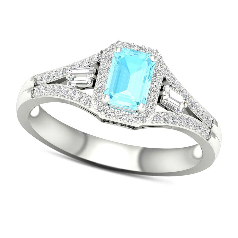 Image of ID 1 Emerald-Cut Aquamarine White Topaz and 020 CT TW Natural Diamond Frame Three Stone Split Shank Ring in Solid 10K White Gold