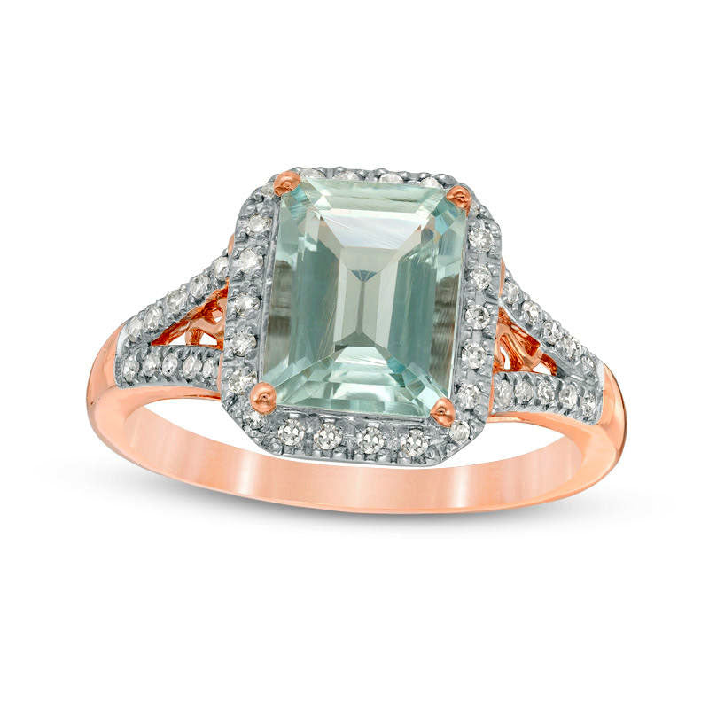 Image of ID 1 Emerald-Cut Aquamarine and 017 CT TW Natural Diamond Frame Ring in Solid 14K Rose Gold