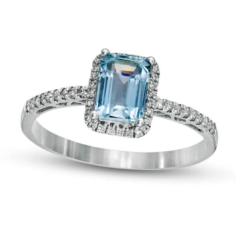 Image of ID 1 Emerald-Cut Aquamarine and 017 CT TW Natural Diamond Frame Ring in Solid 14K White Gold