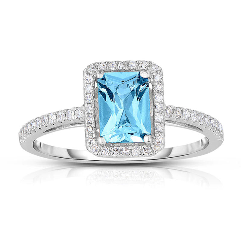 Image of ID 1 Emerald-Cut Aquamarine and 020 CT TW Natural Diamond Frame Ring in Solid 14K White Gold - Size 7