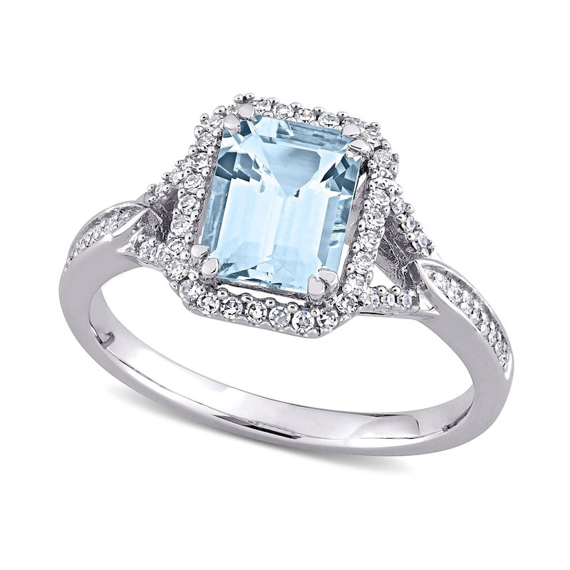 Image of ID 1 Emerald-Cut Aquamarine and 020 CT TW Natural Diamond Octagonal Frame Tapered Shank Ring in Solid 14K White Gold