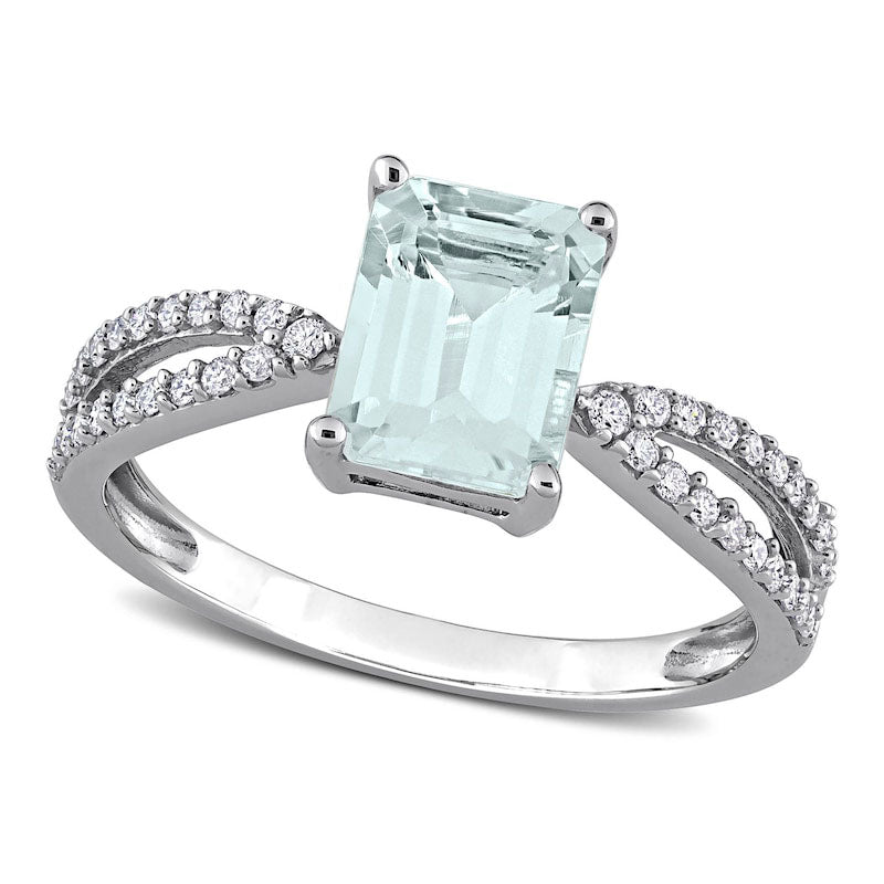 Image of ID 1 Emerald-Cut Aquamarine and 020 CT TW Natural Diamond Tapered Split Shank Ring in Solid 14K White Gold