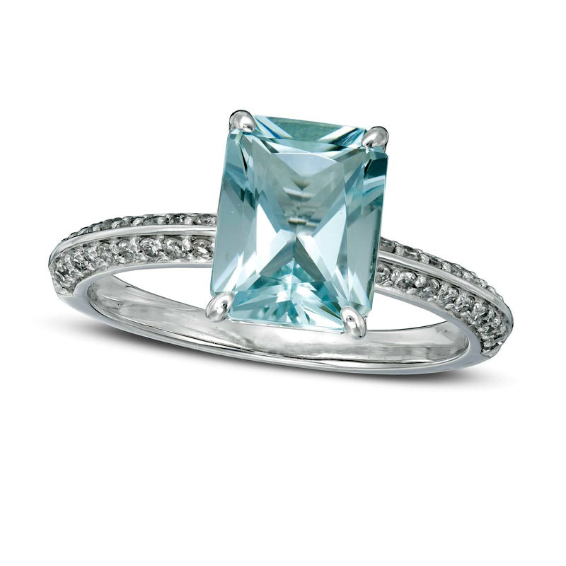 Image of ID 1 Emerald-Cut Aquamarine and 025 CT TW Natural Diamond Ring in Solid 14K White Gold - Size 7