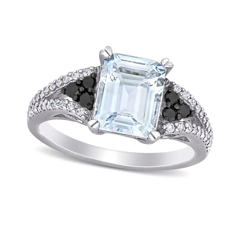 Image of ID 1 Emerald-Cut Aquamarine and 038 CT TW Enhanced Black and White Natural Diamond Split Shank Ring in Sterling Silver