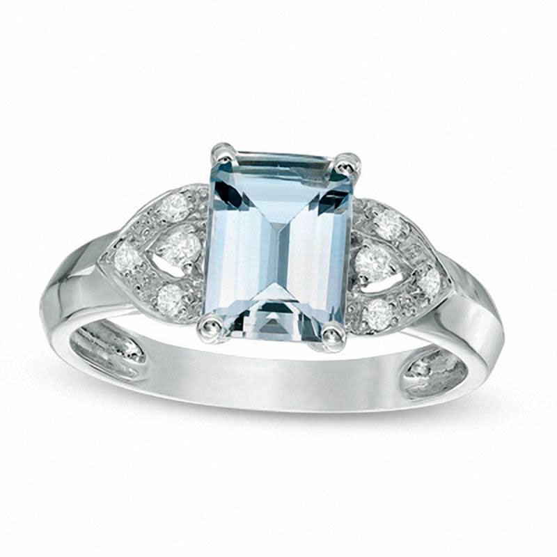 Image of ID 1 Emerald-Cut Aquamarine and Natural Diamond Accent Petal Ring in Solid 10K White Gold
