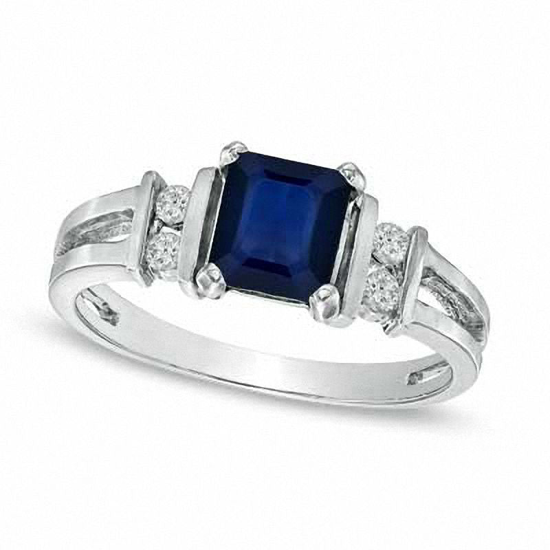 Image of ID 1 Emerald-Cut Blue Sapphire and 010 CT TW Natural Diamond Engagement Ring in Solid 14K White Gold