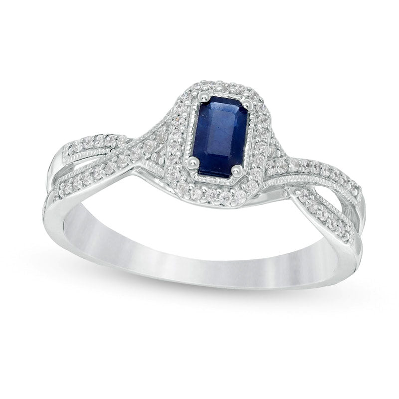 Image of ID 1 Emerald-Cut Blue Sapphire and 013 CT TW Natural Diamond Frame Crossover Shank Antique Vintage-Style Ring in Solid 10K White Gold