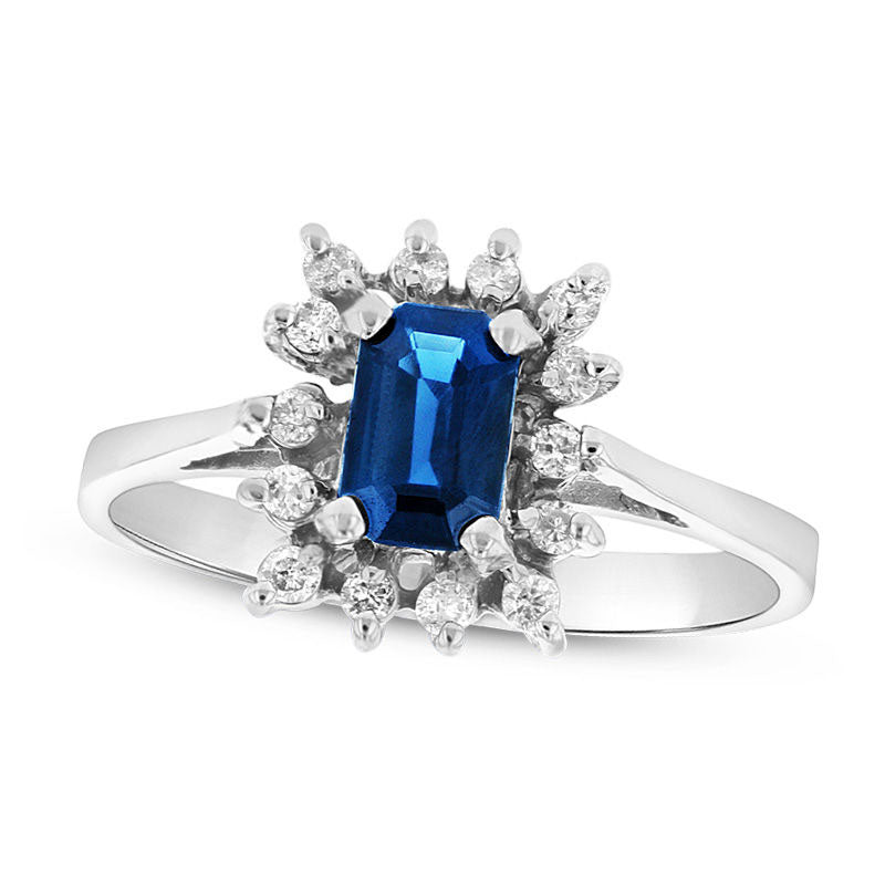 Image of ID 1 Emerald-Cut Blue Sapphire and 013 CT TW Natural Diamond Starburst Frame Ring in Solid 14K White Gold