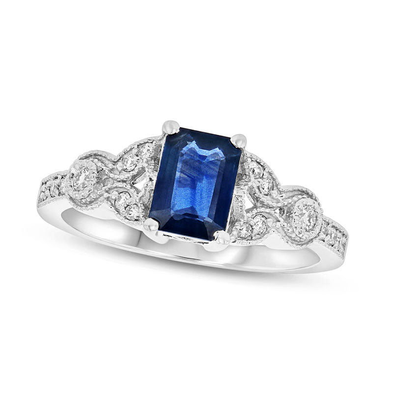 Image of ID 1 Emerald-Cut Blue Sapphire and 017 CT TW Natural Diamond Antique Vintage-Style Floral Ring in Solid 14K White Gold